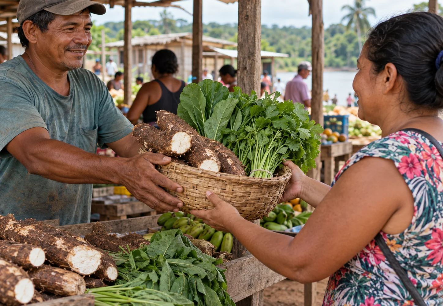 Produtora entrega uma cesta de alimentos a uma cliente em uma feira local.