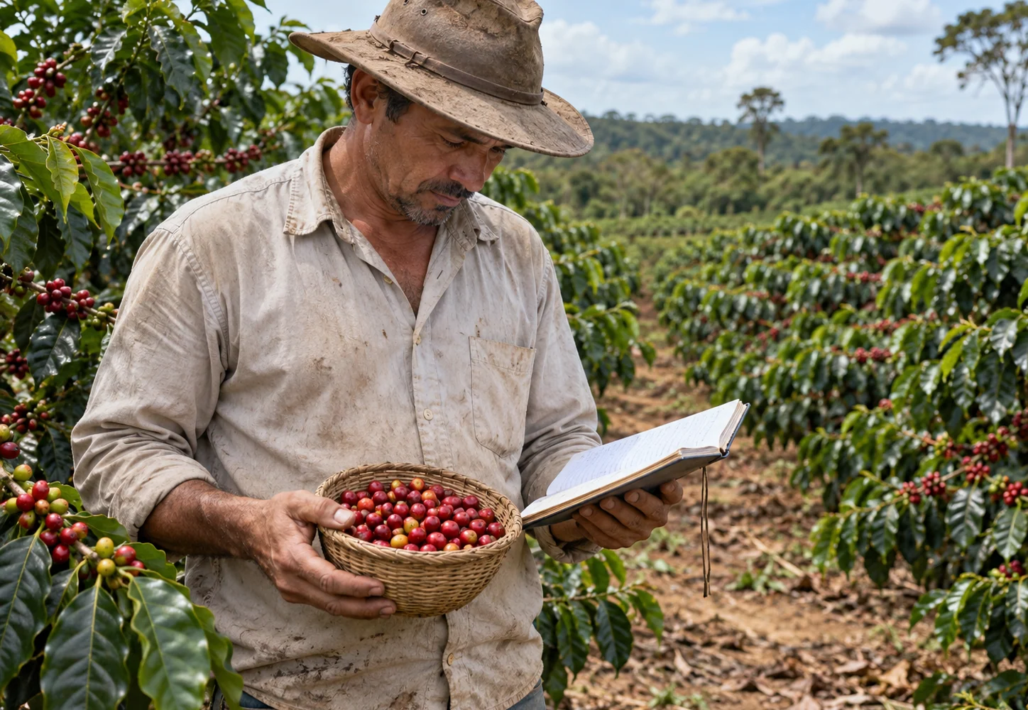 Produtor anota dados de uma lavoura de café durante visita ao campo.