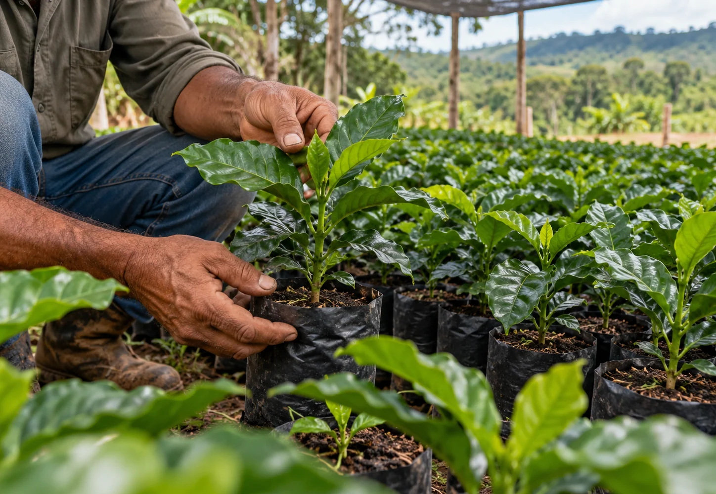 Mudas selecionadas de café robusta em viveiro antes do plantio.