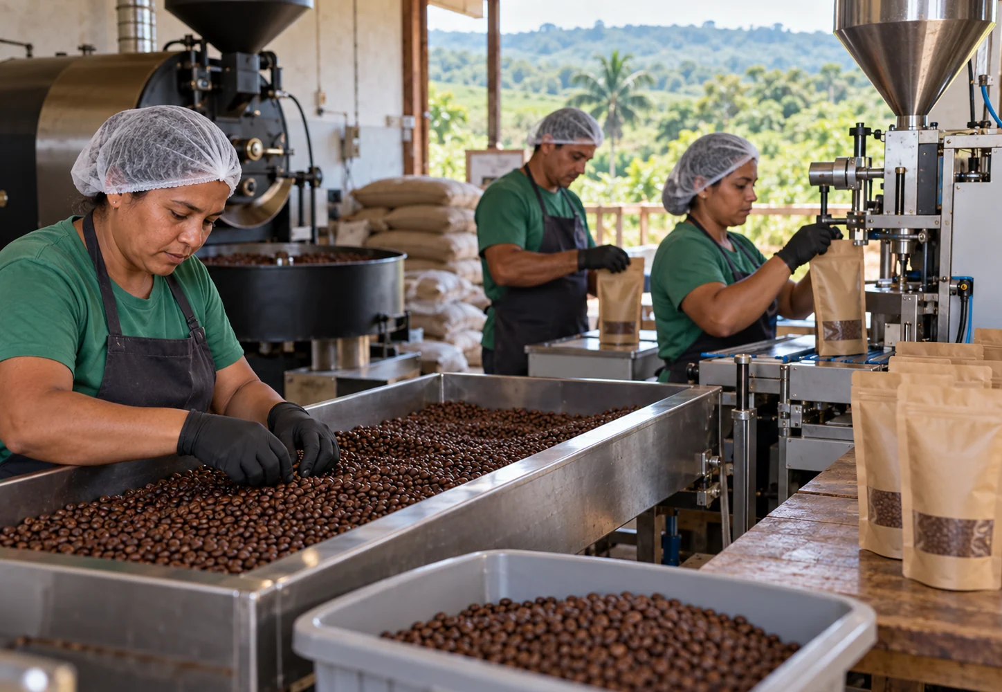 Trabalhadores selecionam e preparam café para beneficiamento em uma agroindústria regional.