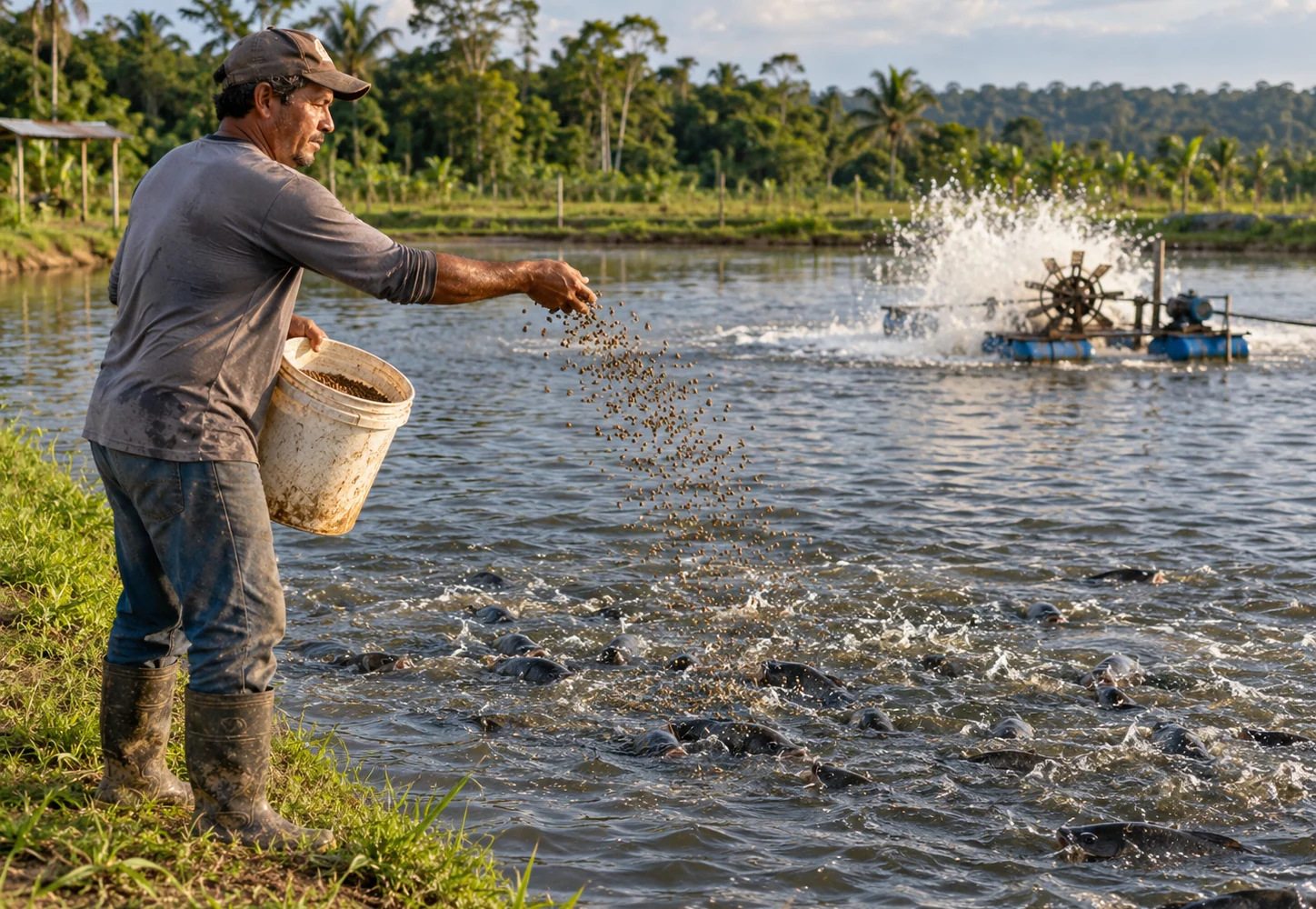 Piscicultor distribui ração em um viveiro de tambaqui no interior de Rondônia.