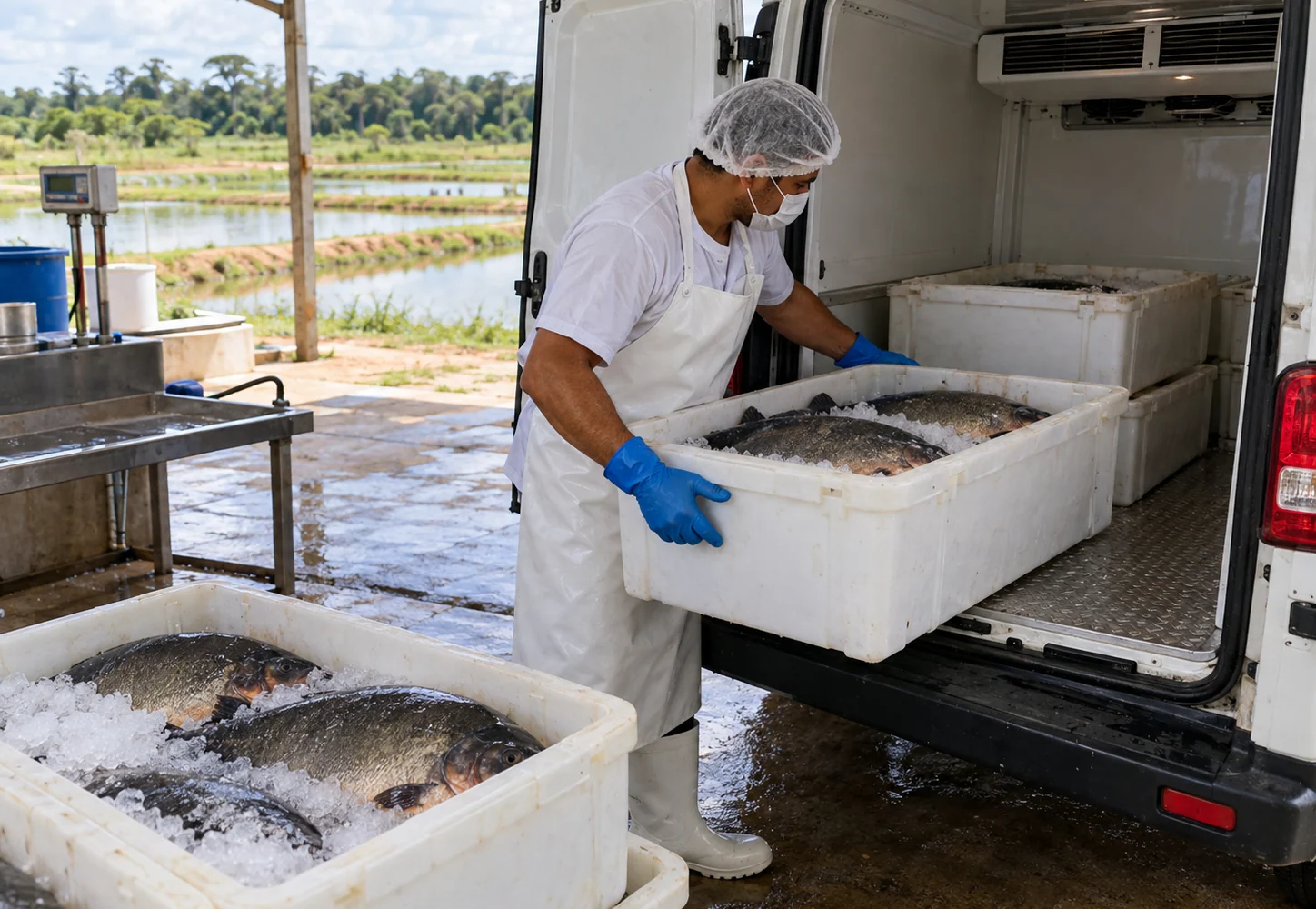 Tambaquis acondicionados para transporte refrigerado após o beneficiamento.